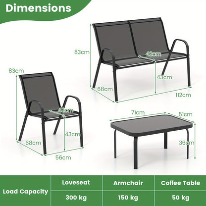 4pcs Garden Furniture Set, Balcony Furniture, Patio Furniture, Seating Group, Seating Set for 4 Persons, Garden Set Incl. 2 Chairs, Bench & Table, for Balcony, Terrace, Garden