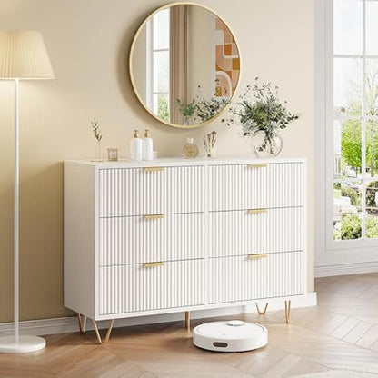 Ladekast – Ladenkast – Commode – Opbergkast – Dressoir – Wit Cannelé Design – 6 Lades – Compact 100x34x73 cm – MDF Met Houten Details
