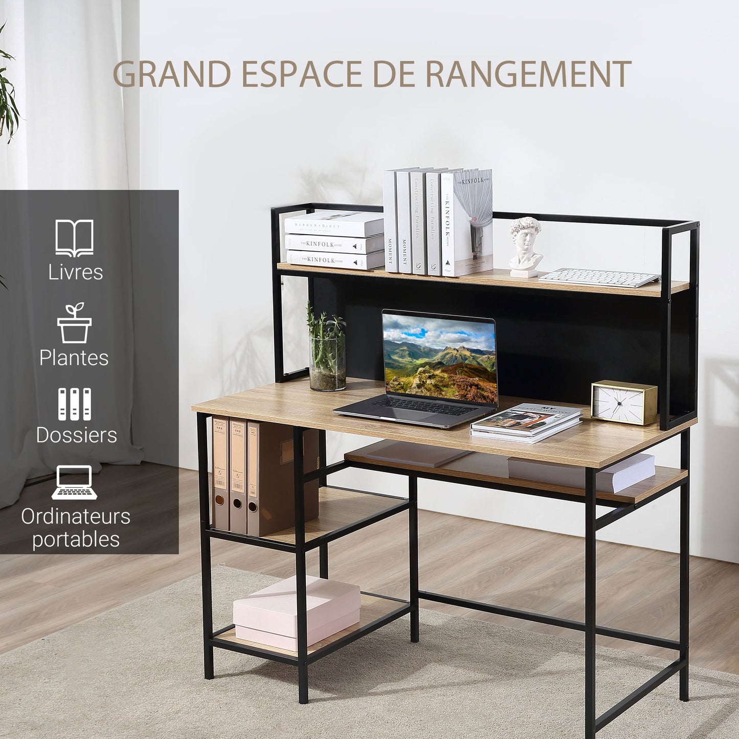 Computertafel – Bureau – Computerbureau – Bureautafel – Laptoptafel – Industrieel Design – Groot Werkblad 120x53 cm – Zwart Metalen Frame & Licht Eiken