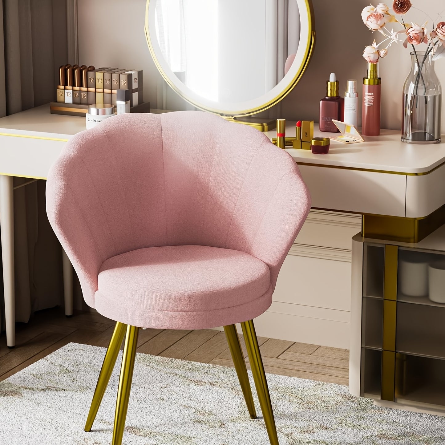 Eetkamerstoel – Keukenstoel – Loungestoel – Kuipstoel – Make-up Krukje – Roze Fluwelen Bekleding – Ergonomisch Design – Metalen Gouden Poten