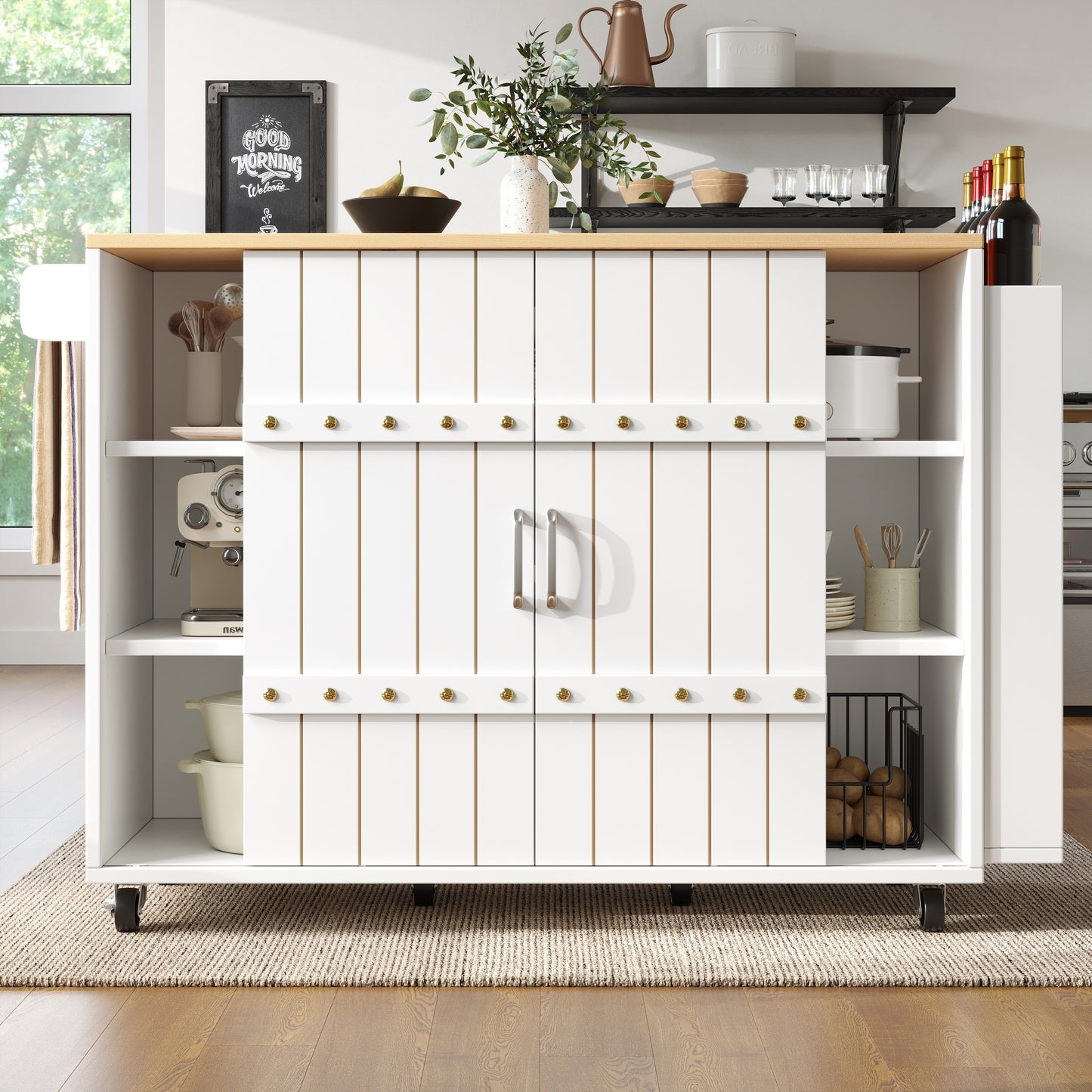 Keukenwagen – Keukentrolley – Keukenkar – Keukenmeubel – Desserte – Inklapbaar Werkblad – Schuifdeuren Met 3 Lades – Wit – 110x42x90 cm – Houtlook MDF 