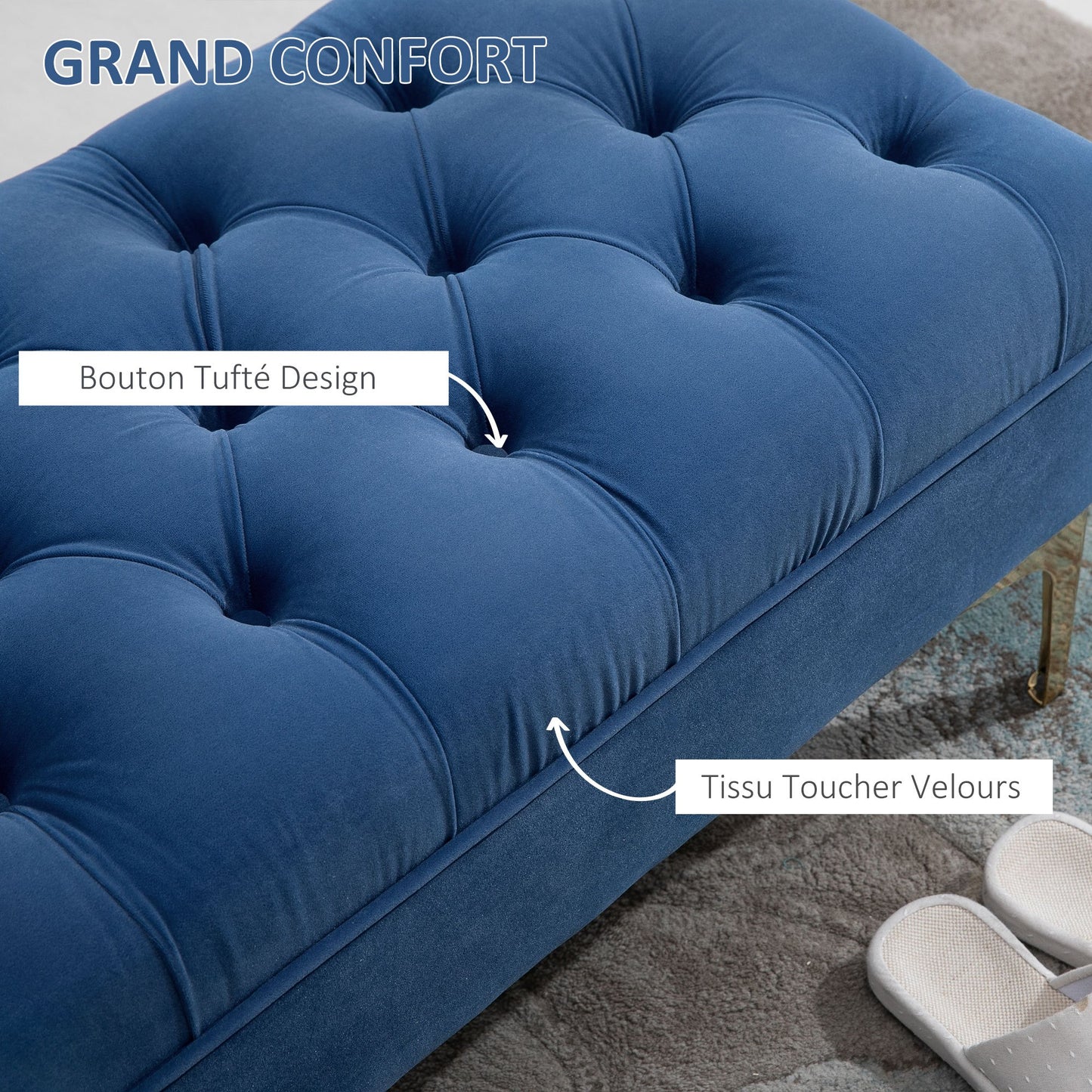 Opgevulde Opbergbank – Slaapkamerbank – Poef – Bedbank – Zitbank – Blauw Fluwelen Bekleding – Gouden Metalen Poten – Compact 118x45x42 cm – Hoog Comfort