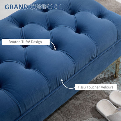 Opgevulde Opbergbank – Slaapkamerbank – Poef – Bedbank – Zitbank – Blauw Fluwelen Bekleding – Gouden Metalen Poten – Compact 118x45x42 cm – Hoog Comfort