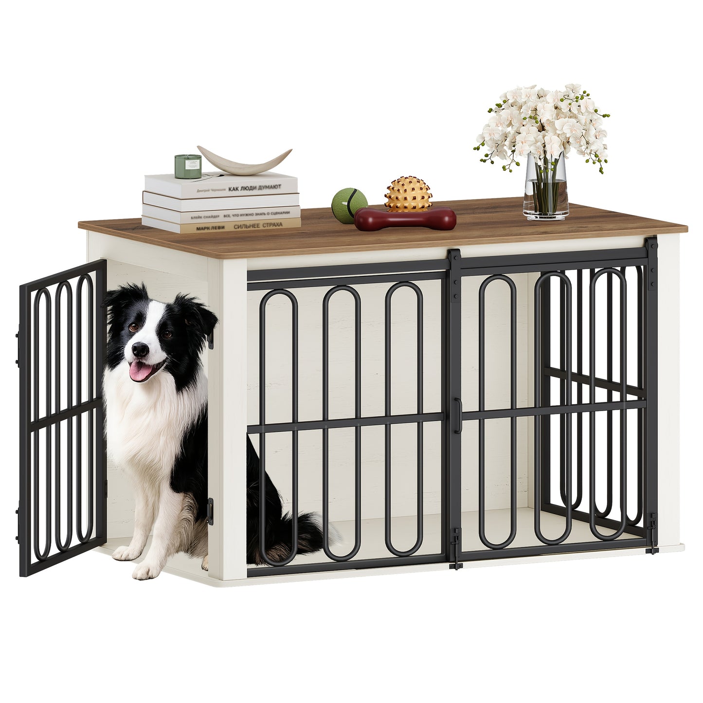 Sturdy Wooden Dog Crate Furniture with Sliding Doors - Dual-Purpose Pet Cage & Side Table, Spacious Interior for Medium Dogs up to 100cm, Modern Home Decor in White & Brown - Ideal for Living Room, Bedroom, Office - Easy-Clea