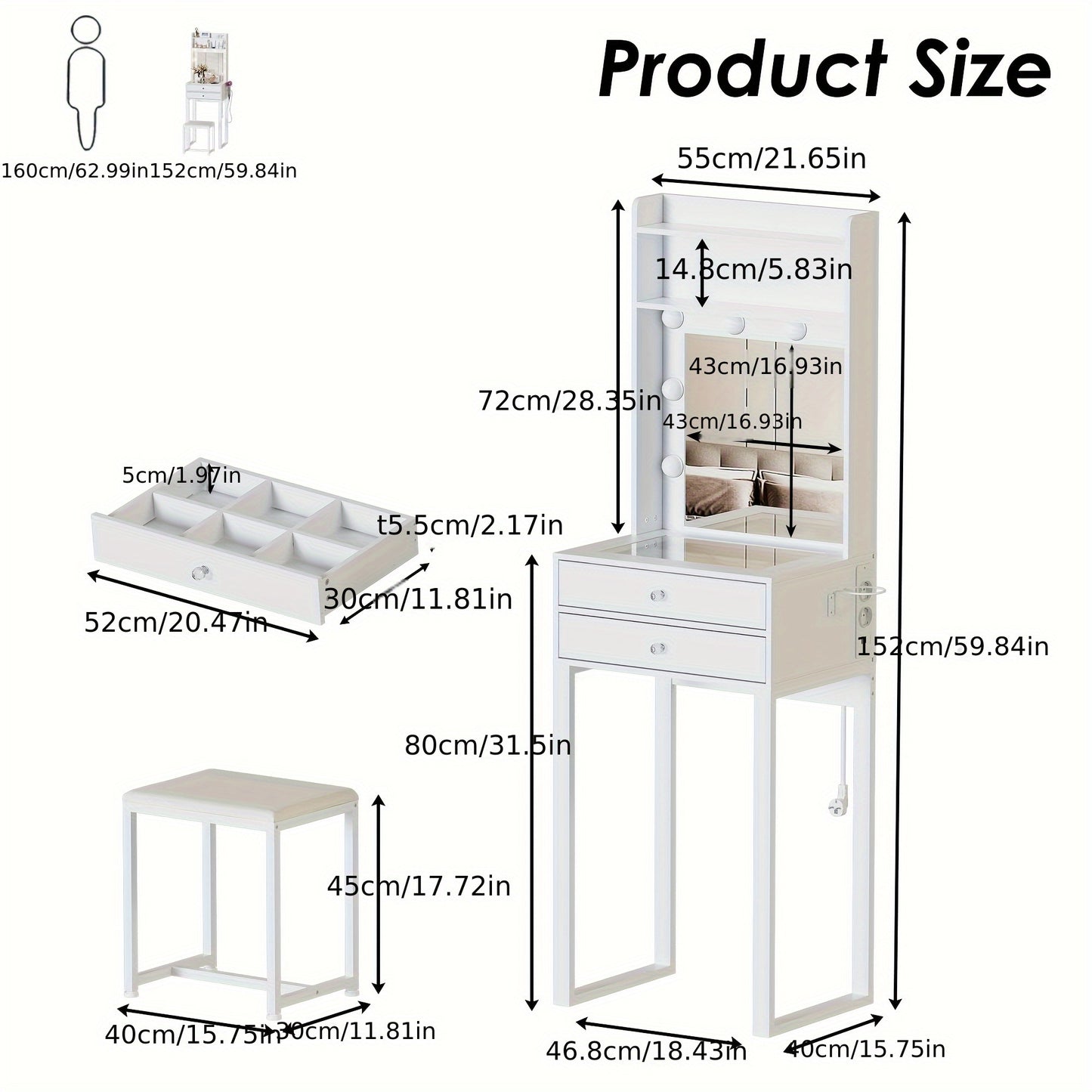 Make-uptafel – Kaptafel – Schminktisch – Make-up Desk – Make-up Bureau – Verlichte Spiegel – Glazen Bovenblad – Compact 55x40x152 cm – Wit