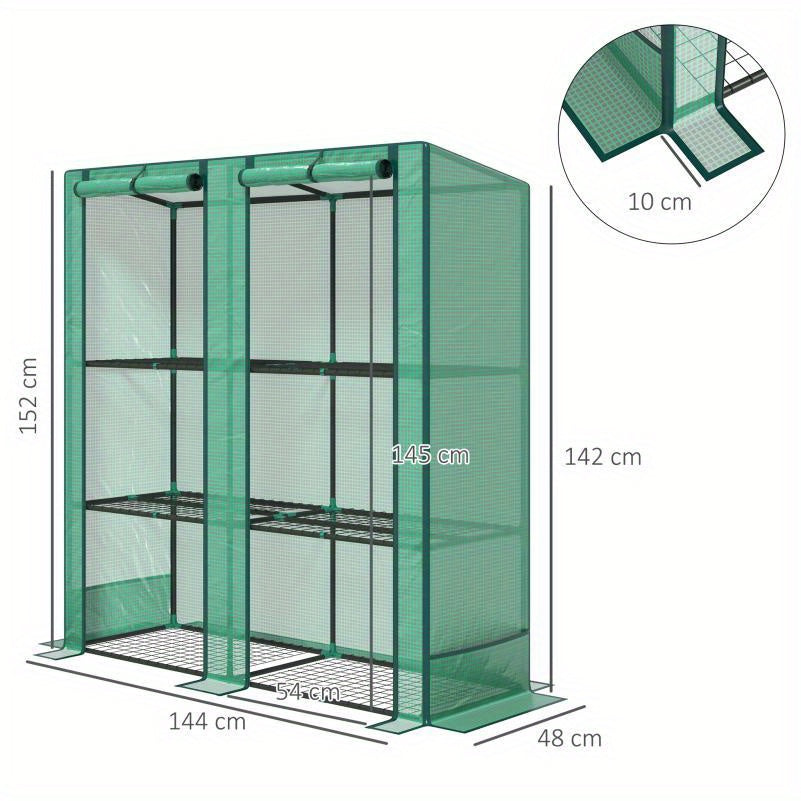 Tuinkas – Serre – Kasje – Kas – Groentekas – Dubbele Deuren – Verstelbare Planken – Compact 144x48x152 cm – Stevig Stalen Frame – PE Doek