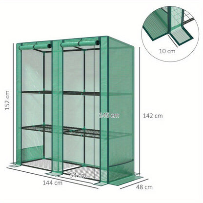 Tuinkas – Serre – Kasje – Kas – Groentekas – Dubbele Deuren – Verstelbare Planken – Compact 144x48x152 cm – Stevig Stalen Frame – PE Doek