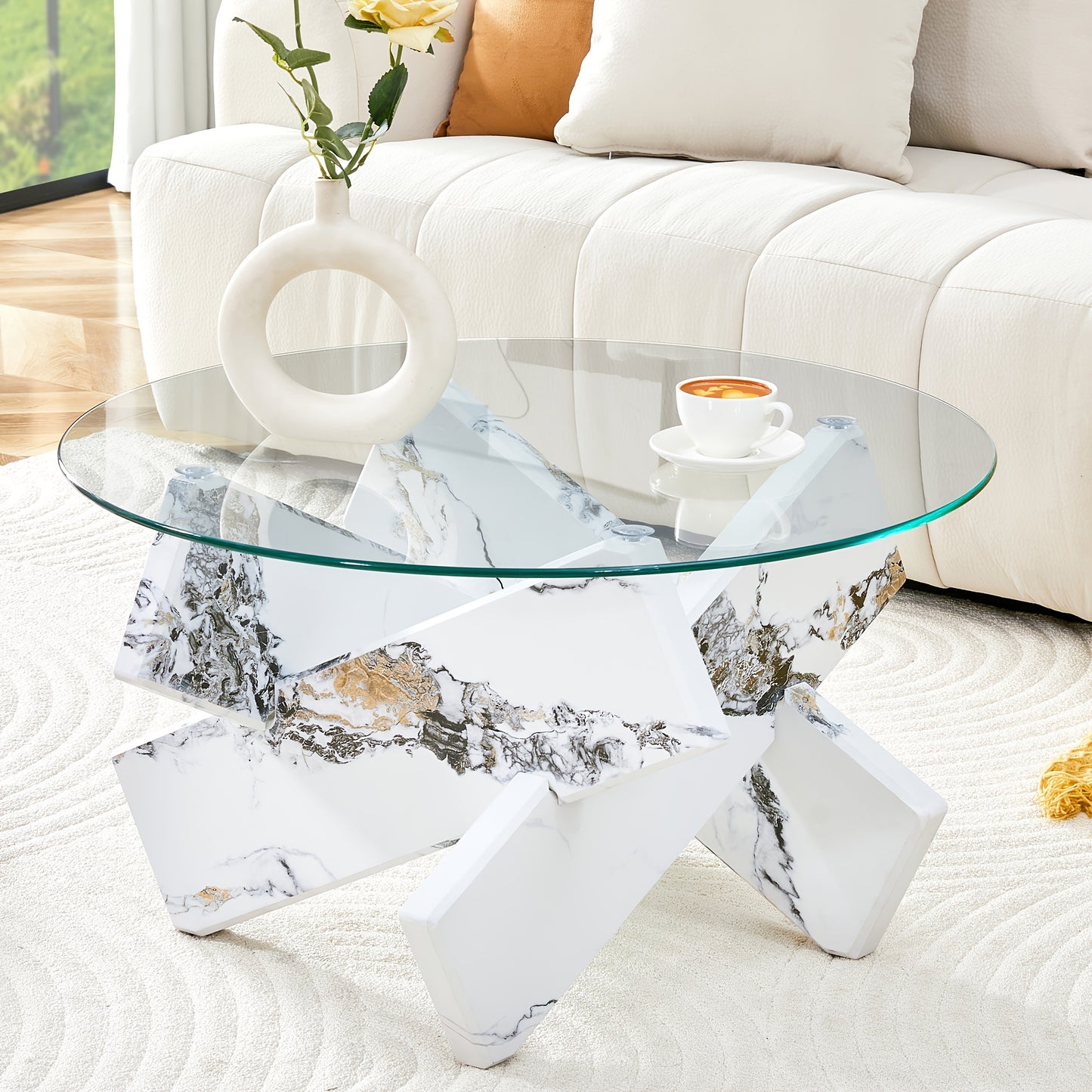 Glazen Salontafel – Ronde Tafel – Bijzettafel – Woonkamertafel – Koffietafel – Wit Getemperd Glas – 0,8 cm Dik – Stevige Basis – Eenvoudige Montage Zonder Gereedschap
