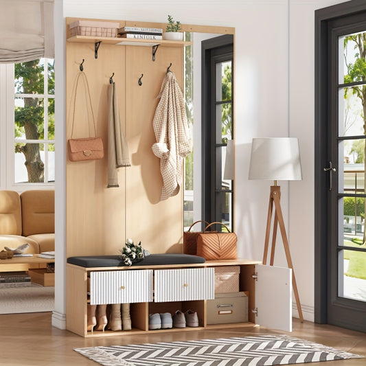 Kledingkast – Garderobekast – Opbergkast – Dressoir – Spiegelkast – Met Spiegel & Schoenenbank – Compact 120x40x200 cm – Duurzaam Bamboe