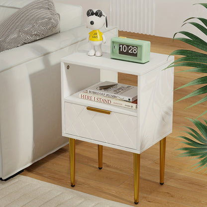 Moderne Minimalistische Nachtkast met 1 Lade en Gouden Poten – Ruimtebesparend Bedkastje met Open Plank, Duurzame Houtconstructie, Eenvoudig te Monteren – 68,6 cm Hoog – Ideaal voor Slaapkamer of Woonkamer
