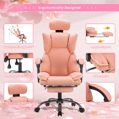 Gamingstoel – Gamestoel – Gaming Chair – Bureaustoel – Game Stoel – Verstelbare Rugleuning – Inklapbare Voetensteun – Ergonomisch PU-Leder – Stevig Met Lendensteun Khaki/Goud