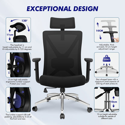 Authmic Office Chair Features Ergonomic Design With Adjustable Armrests, 3D Lumbar Support, And A Headrest. This Executive Chair Includes Swivel Functionality And A Set Of Silent Casters, Supporting Up To 200 Kg.
