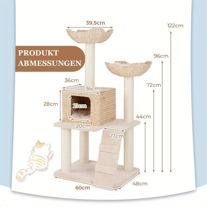 Krabpaal – Kattenboom – Krabmeubel – Kattenmand – Krabton – Natuurlijk Hout – 122 cm Hoog – 4 Niveaus Met Sisal Krabpalen
