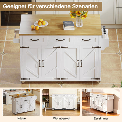 White Barn-Style Mobile Kitchen Island with Fold-Down Worktop, Lockable Doors & Drawers, Heavy-Duty Metal Frame, 4-Door with 5-Wheel Lock, Space-Saving Design for Small Kitchens (140x43x90.5cm) - Assembly Required