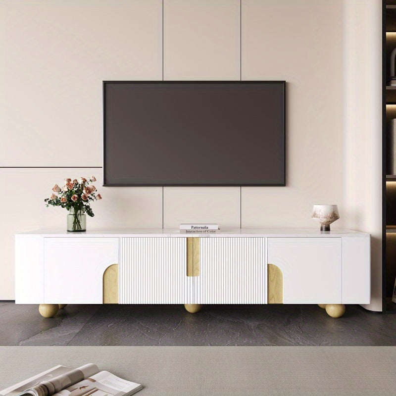 Tv-Meubel – Tv-Kast – Tv-Stand – Media-Meubel – Dressoir – Wit Met Houten Accenten – 180 cm Breed – Marmerlook Blad Met Houten Bolpootjes