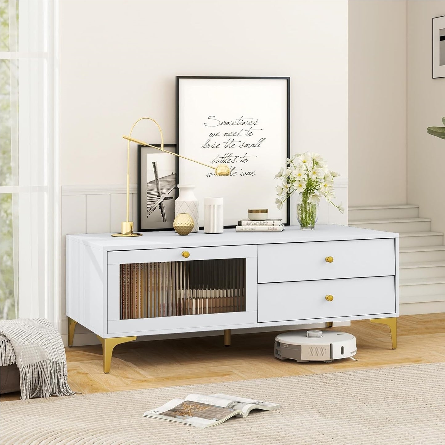 TV meubel – TV kast – TV stand – TV dressoir – Living room meubel – Voor 55 inch TV – Tempered glass vouwdeur – Metalen poten