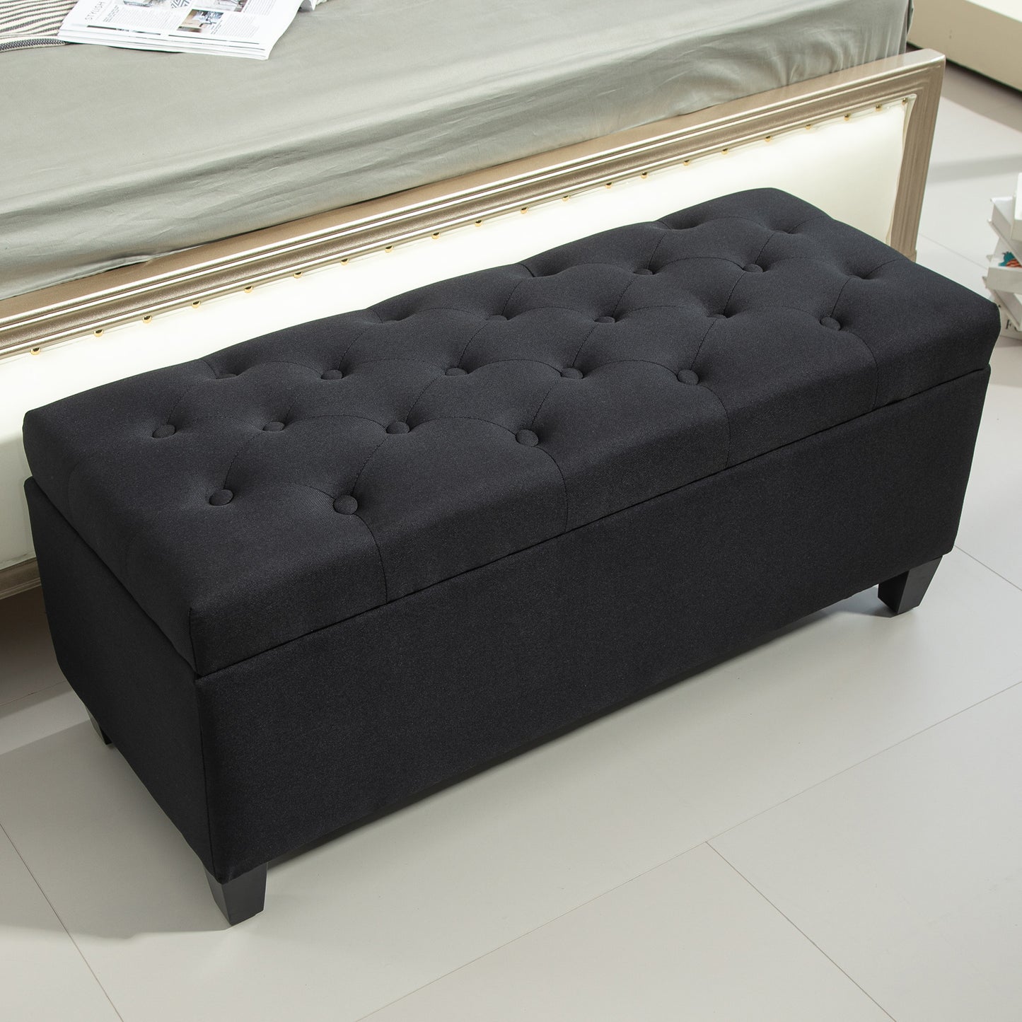 Opbergbank – Zitbank – Opbergbox – Halbank – Opbergruimte – Gestoffeerd Zwart – Polyester Linnen Look – 100x40x44 cm – Rubberen Houten Poten