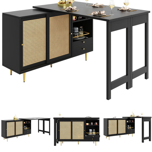 Bartafel – Statafel – Barmeubel – Bistrotafel – Keukentafel – 360° Draaibaar Tafelblad – Met Opbergruimte en Rattan Deur – Zwart Metaal