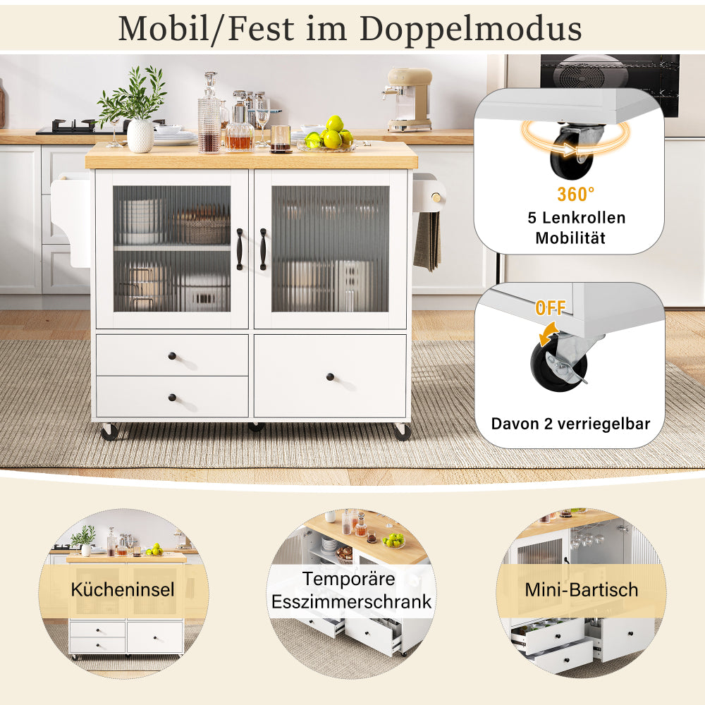 Mobile Kitchen Island with Castors and Extendable Dining Table | Featuring Glass Rack, Storage Compartments, Enclosed-Storage, Metal, Ideal for Kitchens and Dining Areas, White