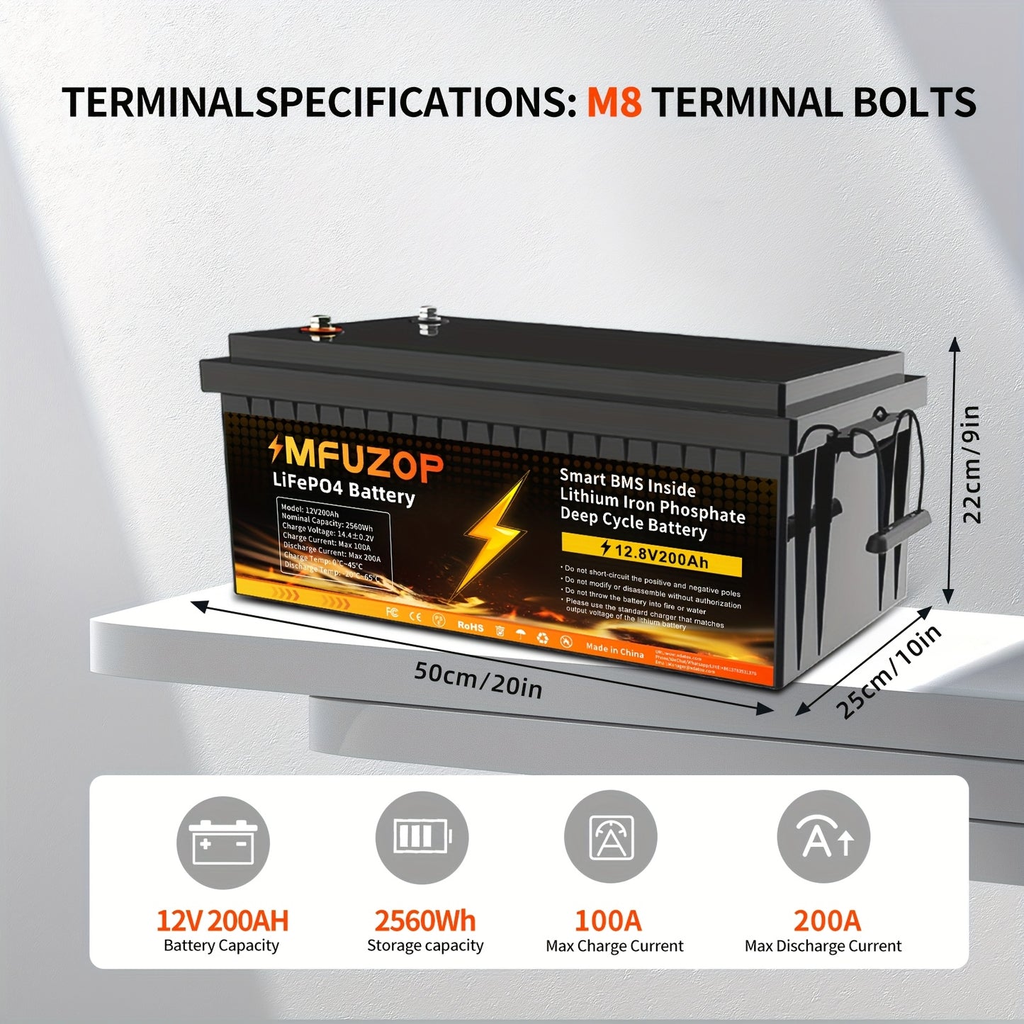 12V LiFePO4 Batterijset – Lithium-ijzerfosfaat Accu – Deep Cycle Accu – RV Batterij – Zonne-energie Batterij – 200Ah Capaciteit – 200A BMS Beveiliging