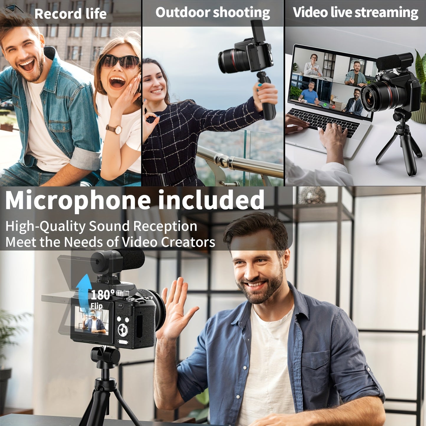 Digitale Camera – Vlogcamera – Fotocamera – Compact Camera – Zoomcamera – 64MP Sensor – 16x Optische Zoom – 180° Kantelbaar Scherm – WiFi & App-bediening – Zwart