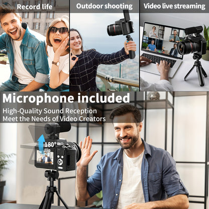 Digitale Camera – Vlogcamera – Fotocamera – Compact Camera – Zoomcamera – 64MP Sensor – 16x Optische Zoom – 180° Kantelbaar Scherm – WiFi & App-bediening – Zwart