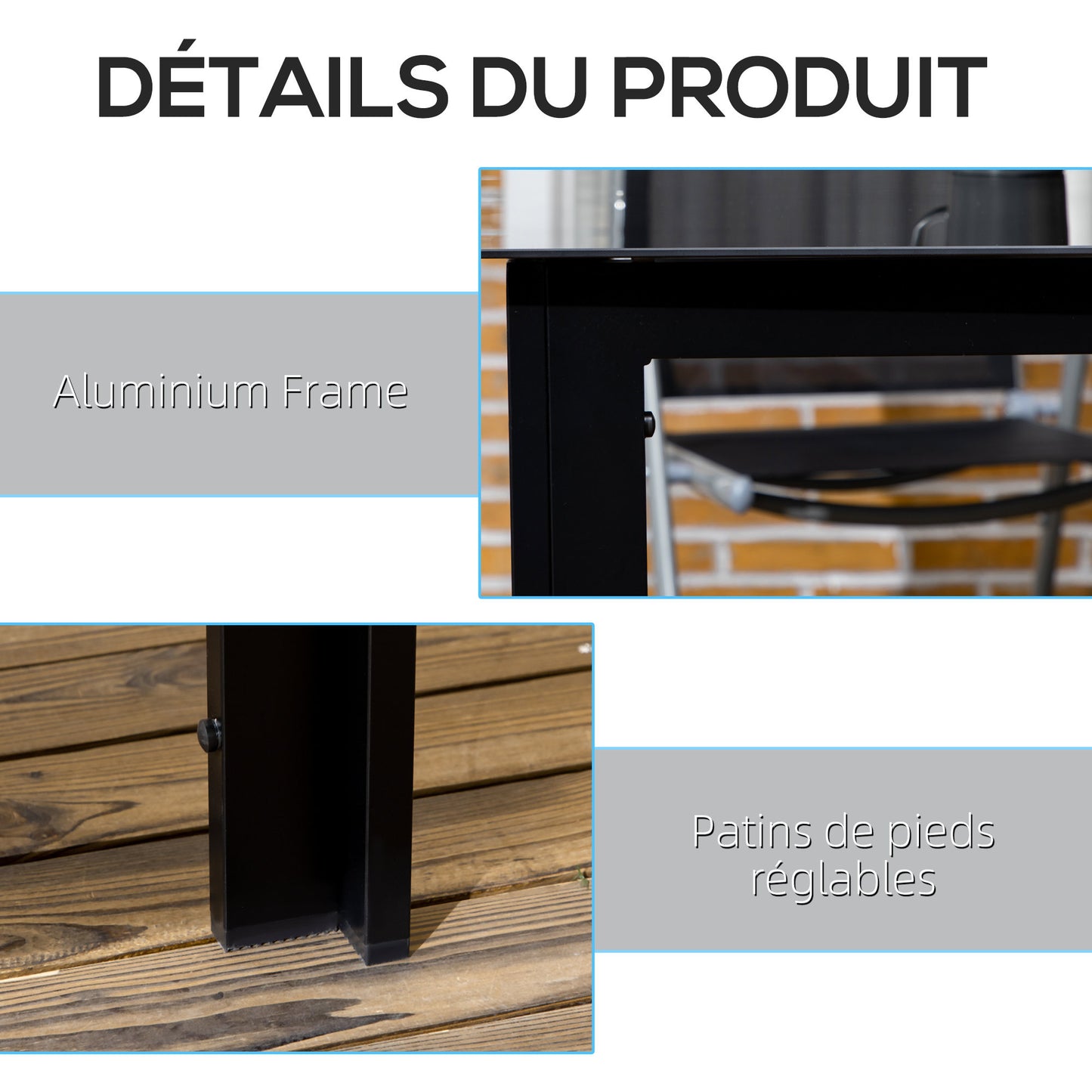 Aluminium Tuintafel – Terrastafel – Balkontafel – Tuinmeubel – Buiten Tafel – Gehard Glasblad – 6 Personen – Zwart – Weerbestendig – Verstelbare Antislipvoeten