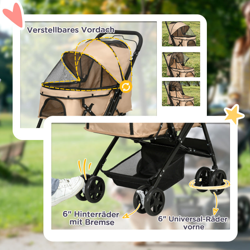 Hondenwagen – Hondenbuggy – Hondenkar – Pet Stroller – Wandelwagen – Inklapbaar – 360° Draaibaar Voorwiel – Ventilatienetten – Lichtbruin – Tot 15 kg