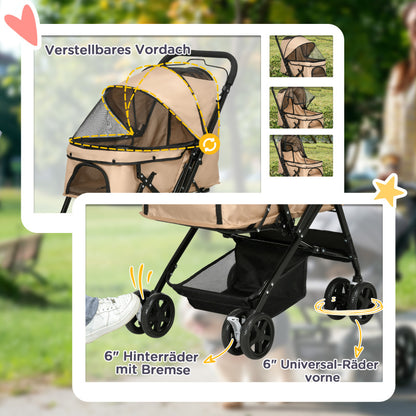 Hondenwagen – Hondenbuggy – Hondenkar – Pet Stroller – Wandelwagen – Inklapbaar – 360° Draaibaar Voorwiel – Ventilatienetten – Lichtbruin – Tot 15 kg