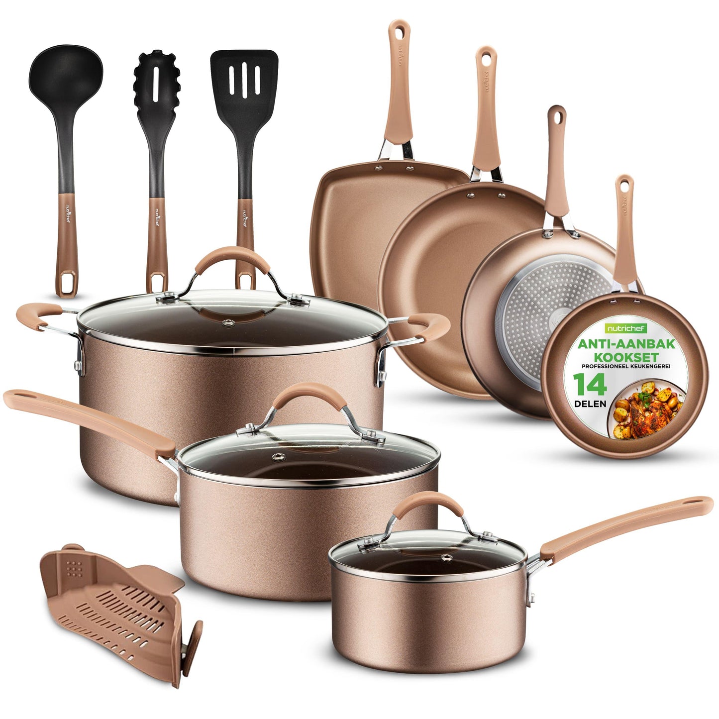 Pannenset – Kookset – Koekenpannen – Kookpannen – Braadpan – 14-delig – Aluminium met Anti-aanbaklaag – Geschikt voor Inductie – Gouden Uitvoering