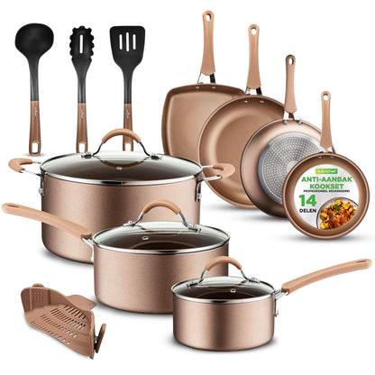 Pannenset – Kookset – Koekenpannen – Kookpannen – Braadpan – 14-delig – Aluminium met Anti-aanbaklaag – Geschikt voor Inductie – Gouden Uitvoering