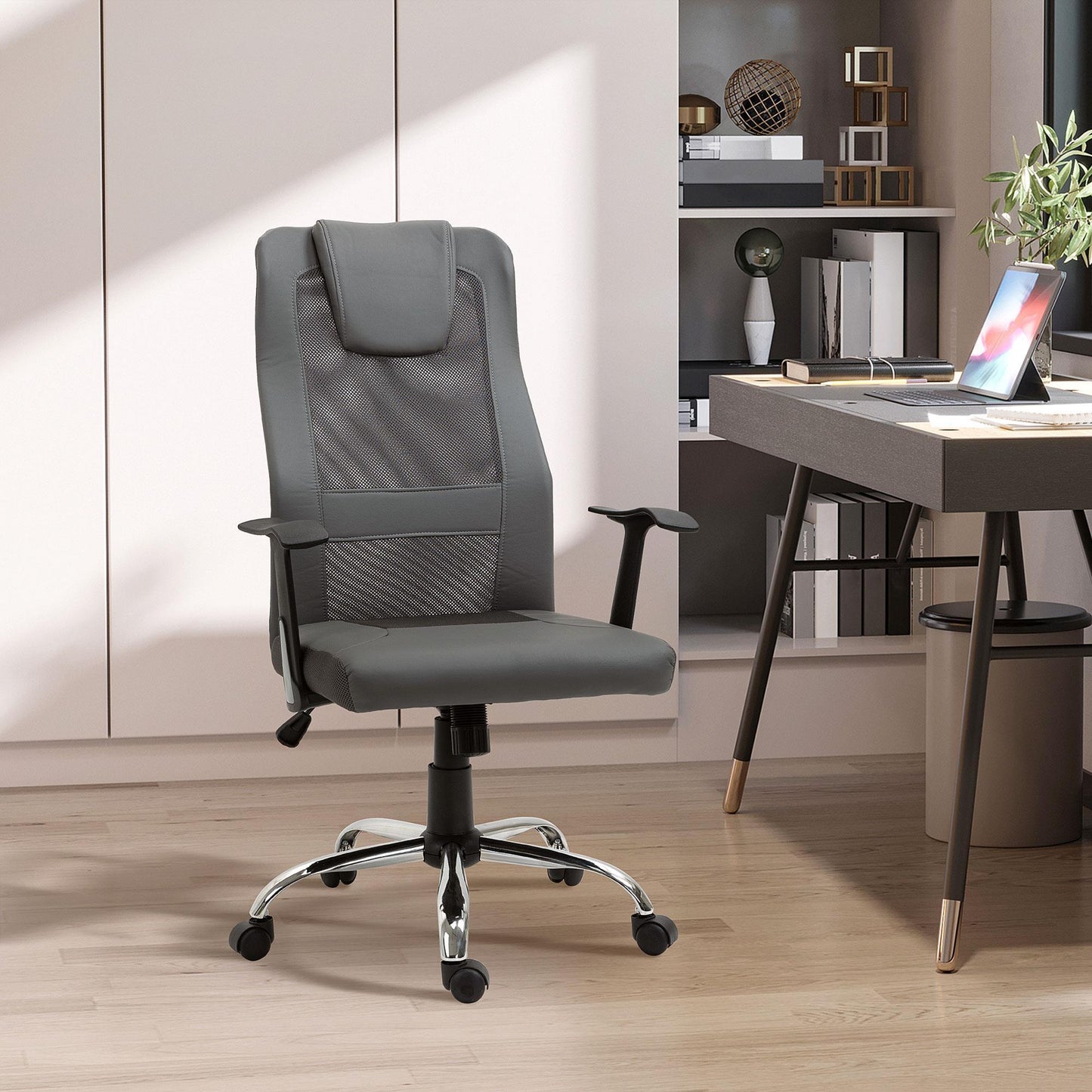 Ergonomische Bureaustoel – Bureaustoel Met Armleuningen – Draaistoel – Werkstoel – Bureaustoel Voor Thuis – Verstelbare Zithoogte – 360° Draaibaar – Grijs Kunstleer – Stevige Houten Constructie – Max. 120 kg