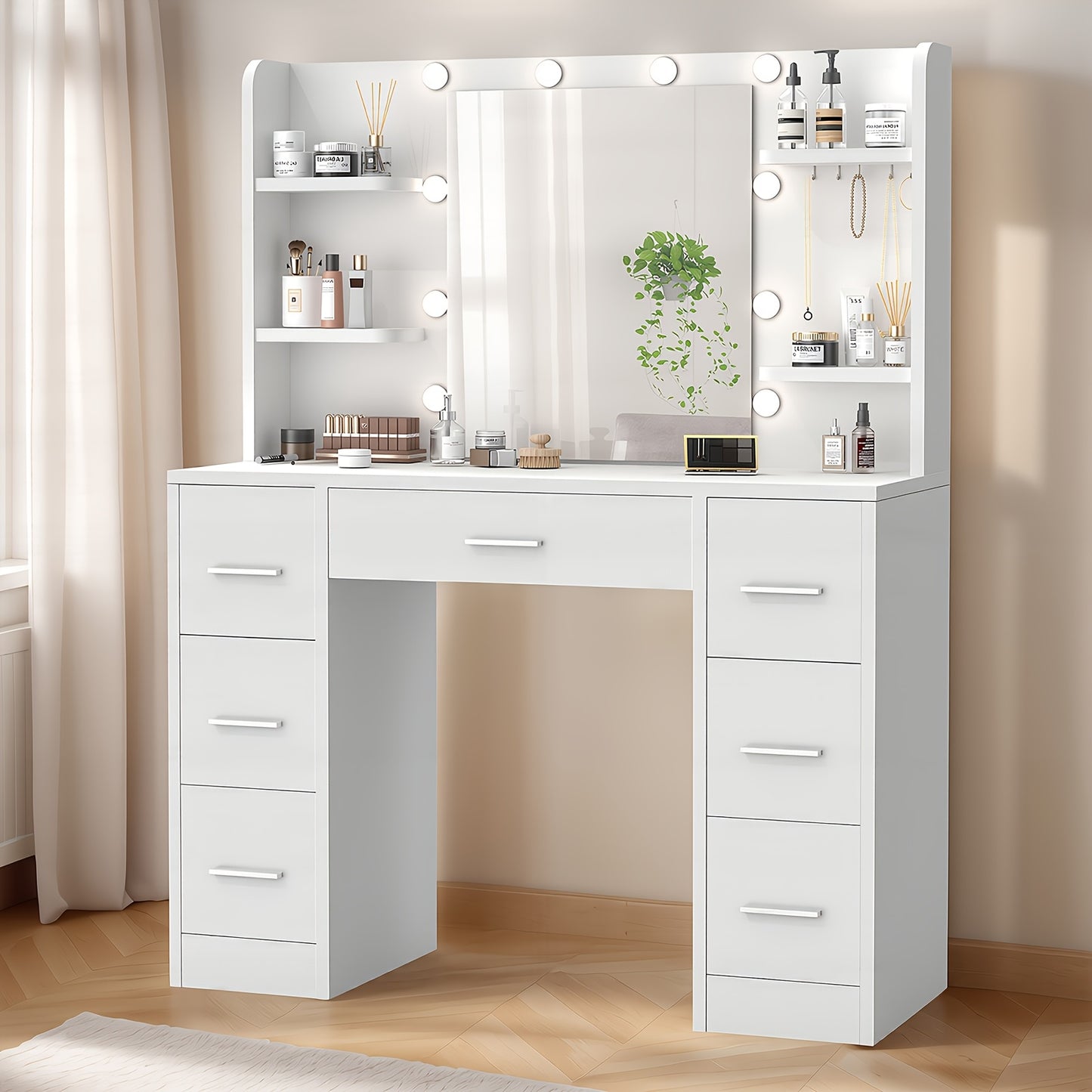 Make-up Tafel – Kaptafel – Schminktisch – Visagie Tafel – Vanity Desk – LED-Verlichting Met 10 Lampjes – Verstelbare Lichtintensiteit – Ruime Opbergruimte – Wit