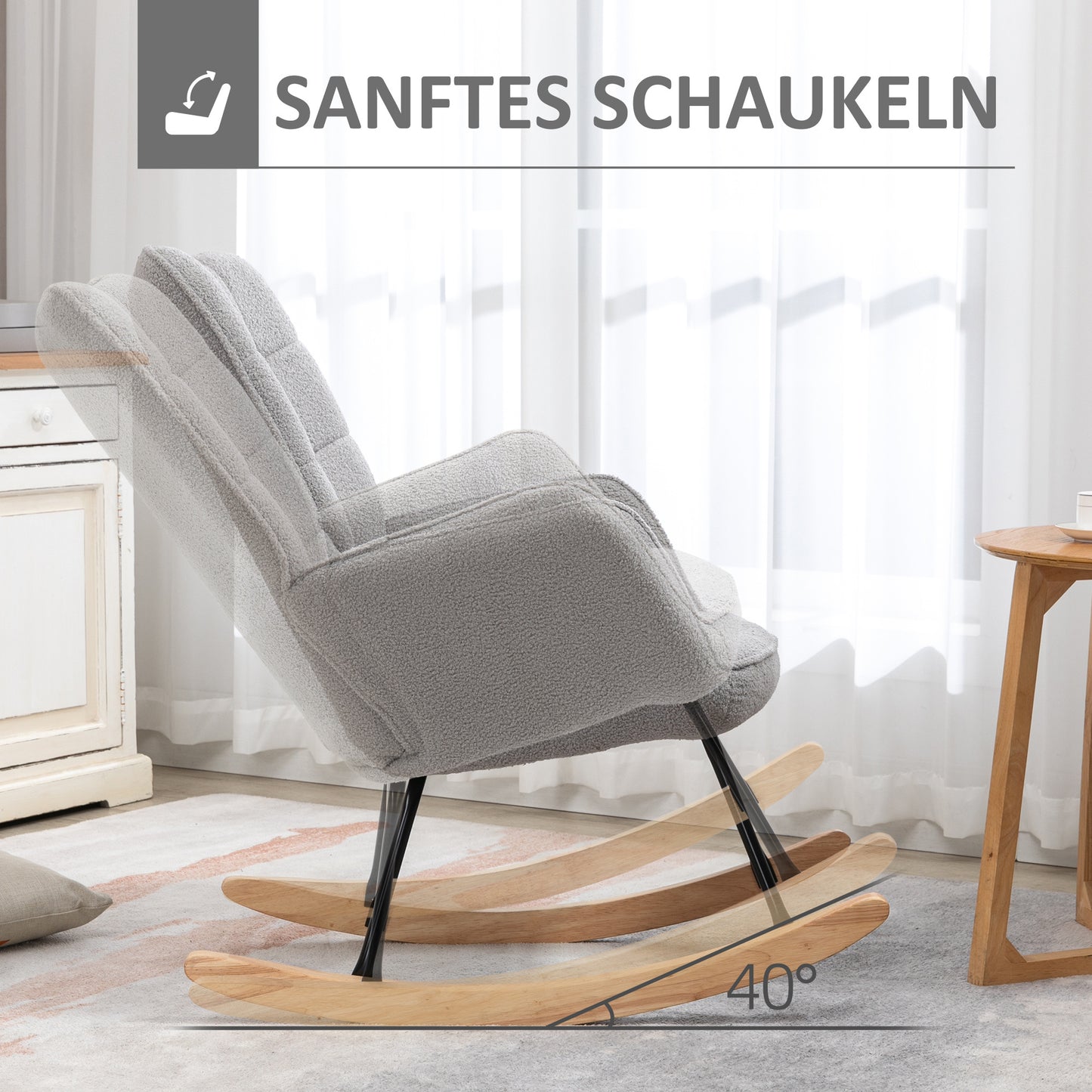 Schommelstoel – Schommelstoel Retro – Wiegstoel – Houten Stoel – Relaxfauteuil – Massief Hout – Lichtgrijze Zitting – Compact 71x92x101 cm