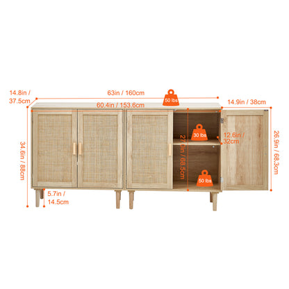 VEVOR Rattan Cabinet with 4 Magnetic Doors & Adjustable Shelves Set of 2 Natural