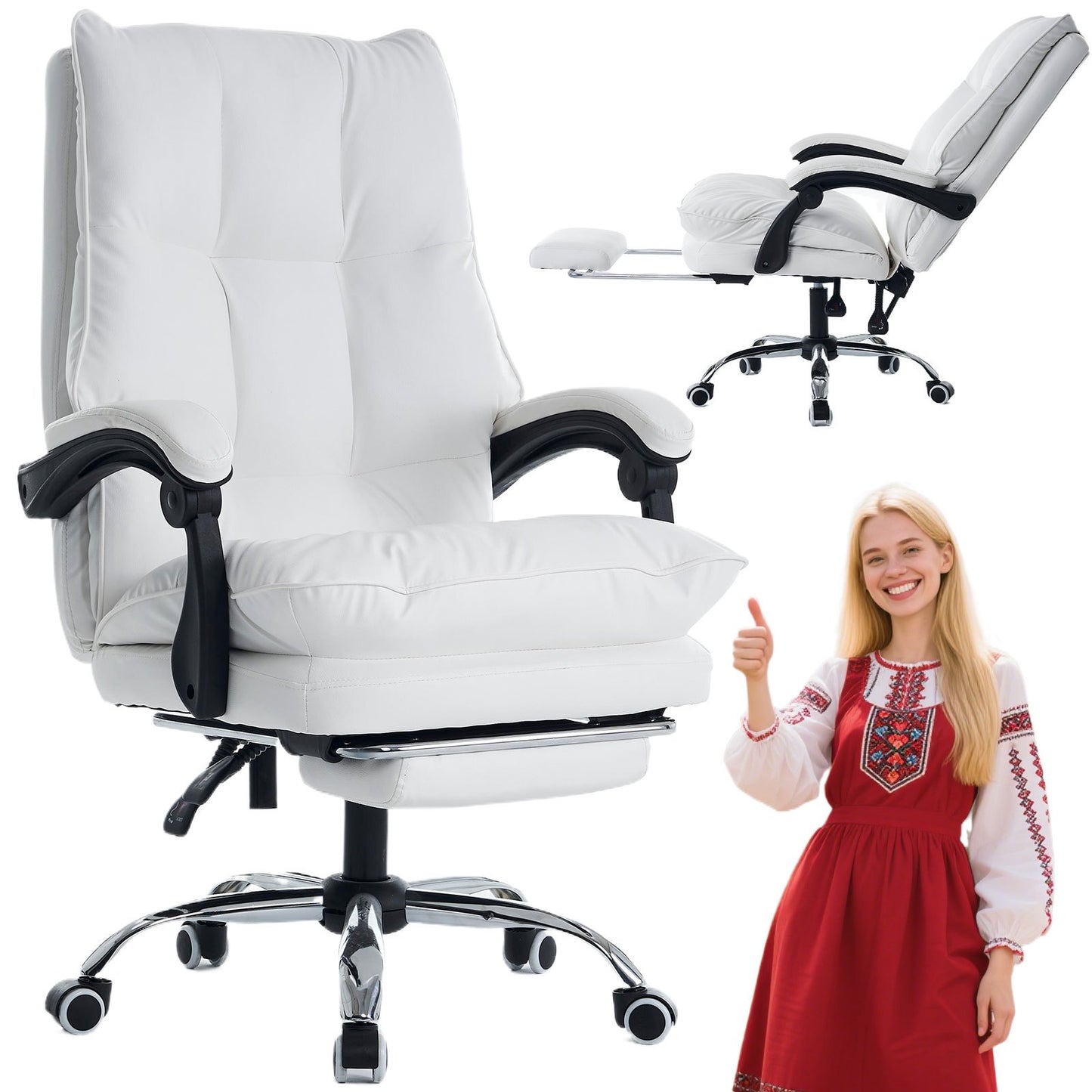 Bureaustoel – Office Chair – Gamestoel – Draaistoel – Bureaukruk – Ergonomisch Design – Verstelbare Hoogte & Lendensteun – Flip-up Armleuningen – Wit – Stille Wielen – Verbreding & Verbeterd Zitcomfort