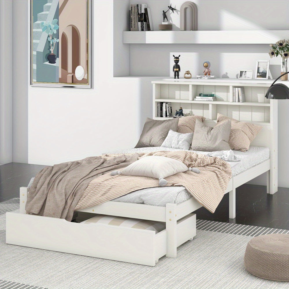 Eenpersoonsbed – Bed met Opberglades – Opbergbed – Slaapbed – Kinderbed – 90x200 cm – Wit – Stevige Lattenbodem – Ruime Lades