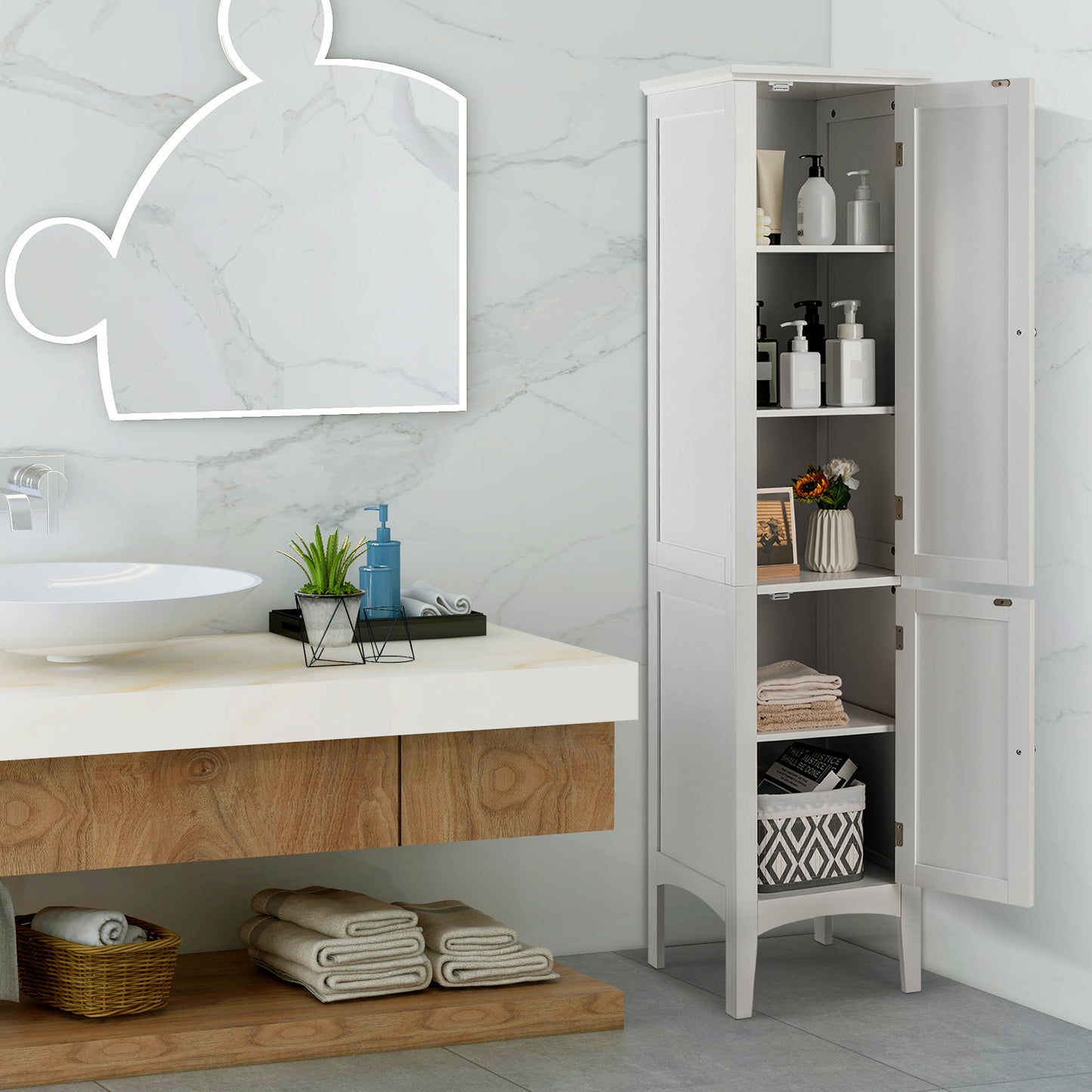 Badkamerkolom – Badkamerkast – Opbergkast – Smalle Kast – Opbergruimte – 5 Planken – Anti-Kantel Systeem – MDF – 38x38x160 cm