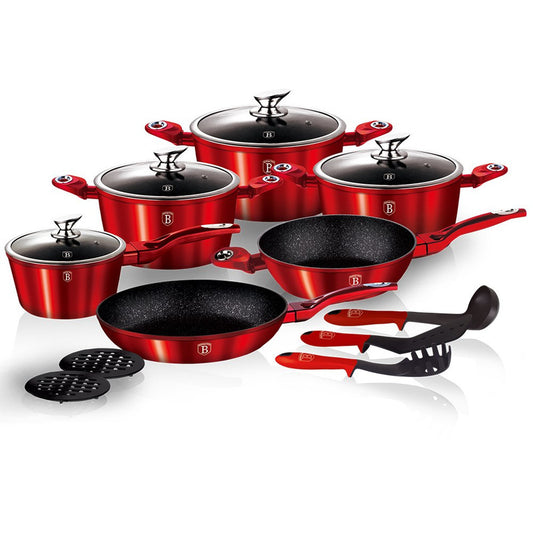 Grillpan – Steakpan – Barbecuepan – Koekenpan – Braadpan – 15-delige granieten pannenset – Aluminium met drievoudige anti-aanbaklaag – Geschikt voor alle warmtebronnen
