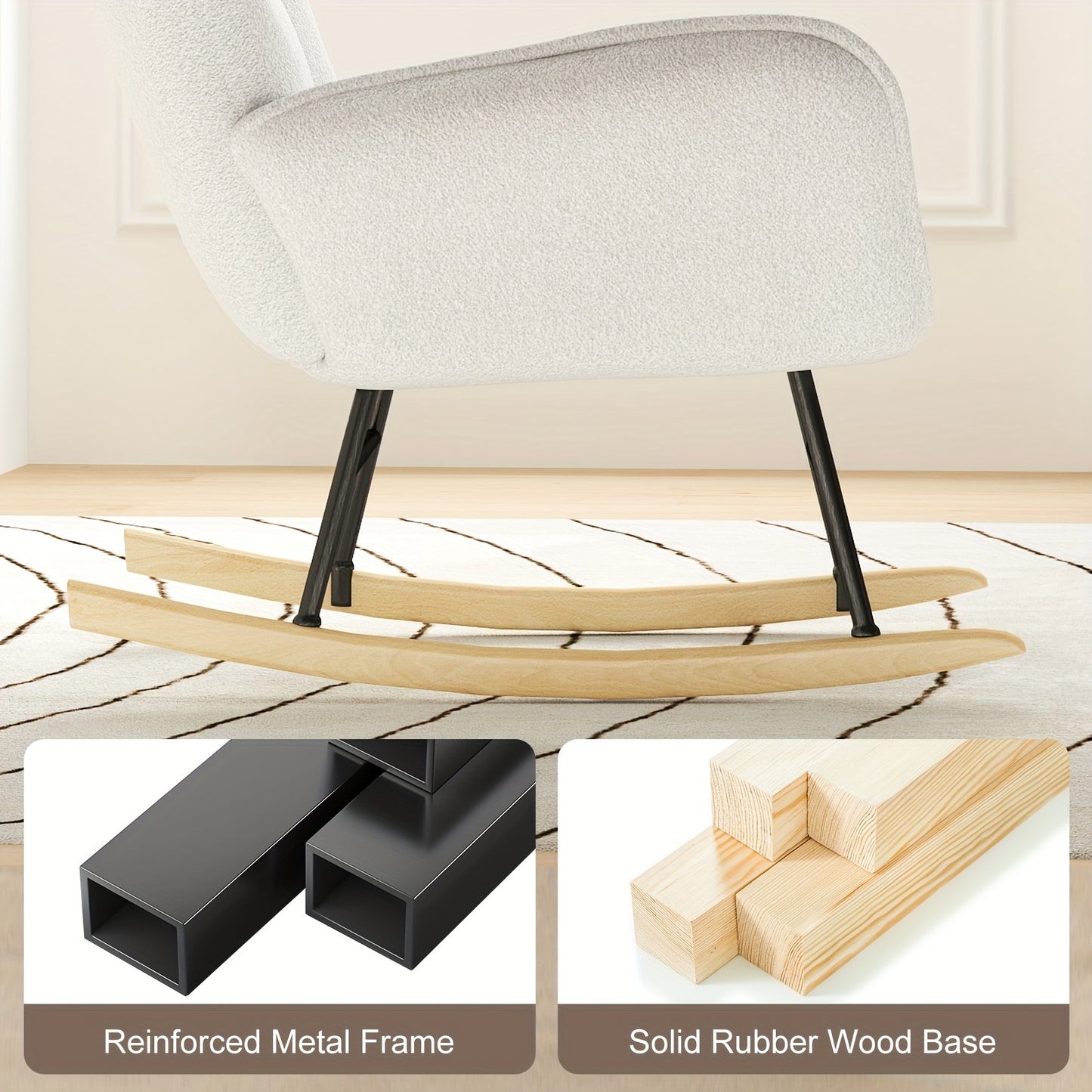 Schommelstoel – Relaxstoel – Fauteuil – Voedingsstoel – Loungestoel – Hoge Rugleuning – Teddy Fleece Bekleding – Memory Foam Zitting – Massief Houten Poten – Handmatig Schommelmechanisme – Wit