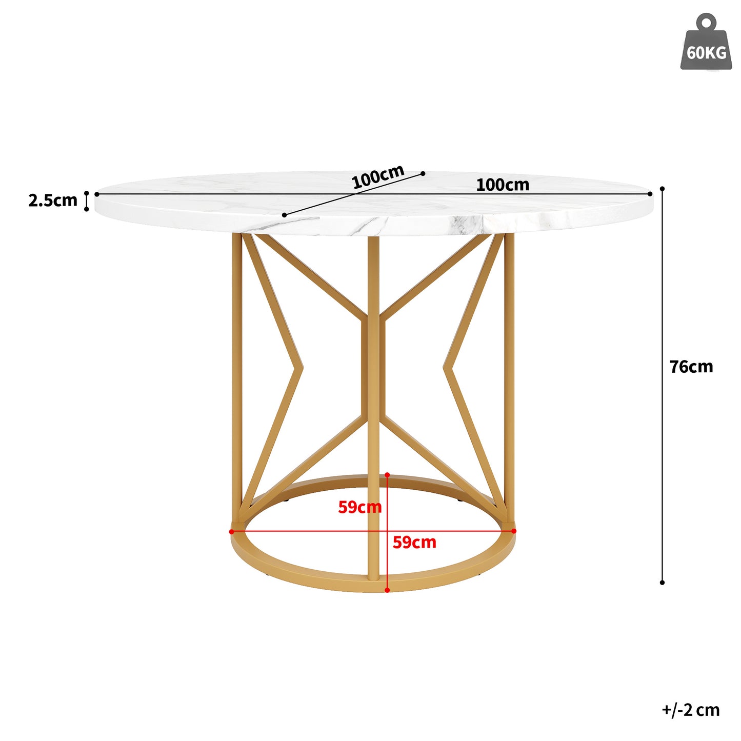 BTM Round Dining Table (100×100×76 cm), Modern Marble-Look MDF Table with Geometric Metal Legs, Kitchen Table for 4–6 People, Round Living Room Table, Sturdy Dining Table, White/Black