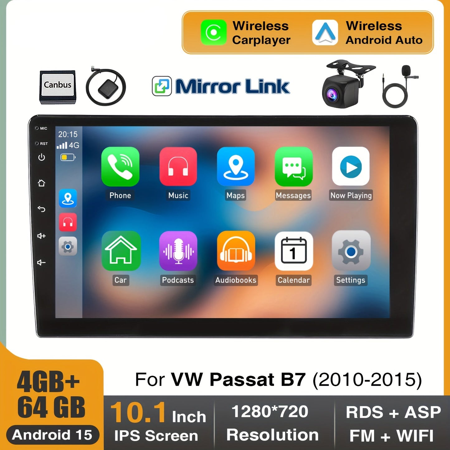 ESSGOO 4+64G Android 15 Car Stereo Radio 2 DIN 10.1 Inch/25.56cm IPS Screen Touch Display for VW Passat B7 2010-2015 Multimedia Player with Wireless Carplayer, Android Auto, WiFi/FM RDS/USB/SWC/EQ/Mirror Link Split Screen CAN