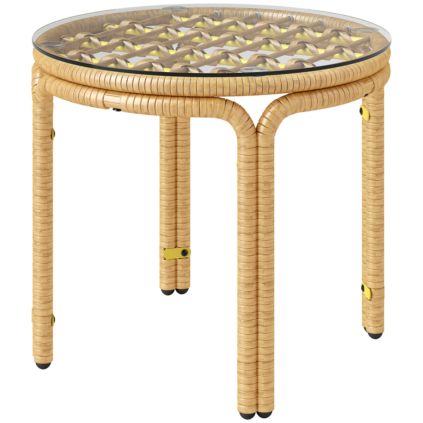 Bijzettafel – Bijzettafeltje – Nachtkastje – Salontafel – Side Table – Ronde Polyrattan Tafel – Veiligheidsglas – 50 cm Ø – Geel