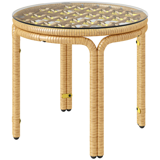 Bijzettafel – Bijzettafeltje – Nachtkastje – Salontafel – Side Table – Ronde Polyrattan Tafel – Veiligheidsglas – 50 cm Ø – Geel