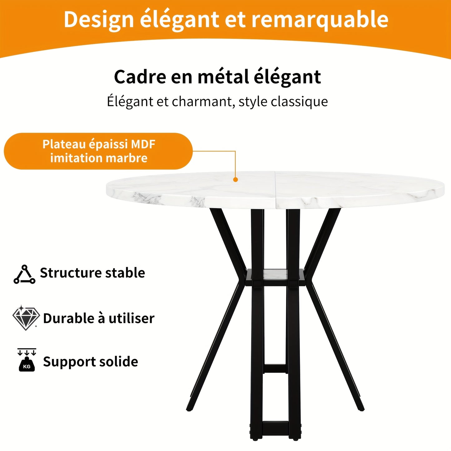 Round Dining Table (100 X 100 X 76 Cm), Lightweight And Luxurious Round Table For 4-6 People, Suitable For Dining Room And Living Room, Marbled MDF Tabletop, 2 Colors Available