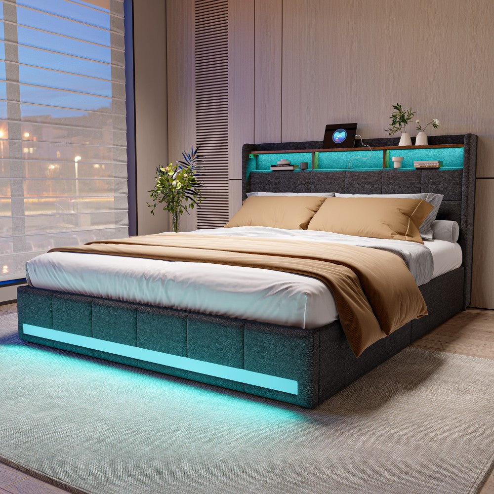 Double Bed with Storage, LED Lighting, 4 Drawers, Storage Function, USB Charging, Quick Assembly, Metal And Linen Bed Frame, Classic, for Adults, Ideal for 8Mj4Txd Bedroom.