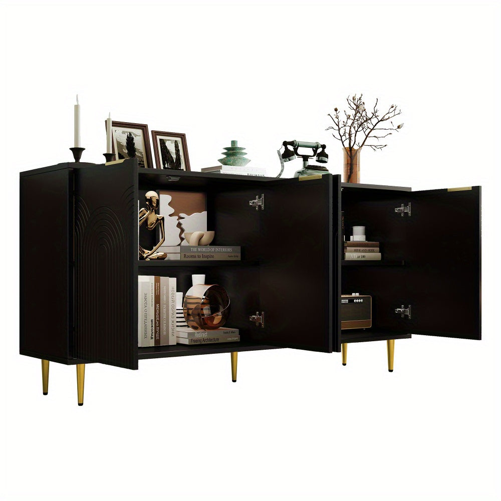 Dressoir – Dressoirkast – Opbergkast – Kast – Ladekast – Modern Design – Zwart MDF Met Hardhouten Afwerking – 160x80x40 cm – Vier Deuren Met Gouden Handgrepen