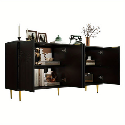 Dressoir – Dressoirkast – Opbergkast – Kast – Ladekast – Modern Design – Zwart MDF Met Hardhouten Afwerking – 160x80x40 cm – Vier Deuren Met Gouden Handgrepen