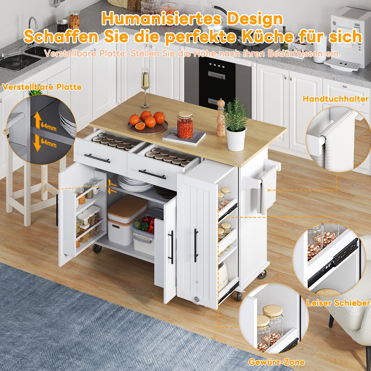 Keukenwagen – Keukentrolley – Keukenkar – Serveerwagen – Mobiele Keukenwagen – Uitklapbaar Werkblad 120x65 cm – 2 Lades & 3-laags Uitschuifrek – Wit