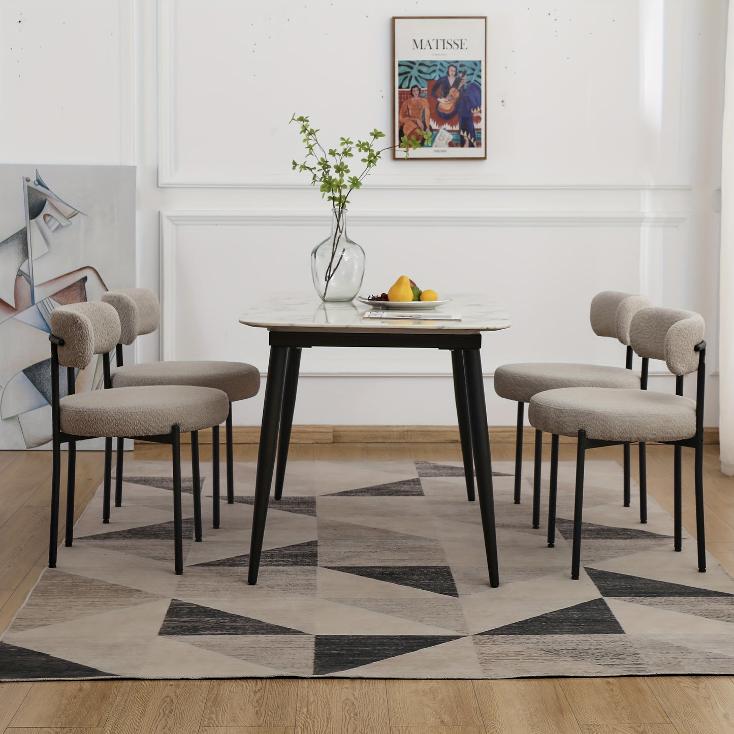 Eetkamerstoel – Stoel – Kuipstoel – Keukenstoel – Meubel – Set van 4 – Bouclé Stof – Zwart Metalen Frame – Armloos – Ergonomisch Design